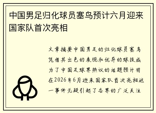 中国男足归化球员塞鸟预计六月迎来国家队首次亮相